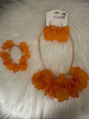 Bold Orange Floral Statement Necklace and Earring Set
